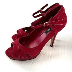 WHBM red peep toe high heel with ankle strap red suede upper size 7.5